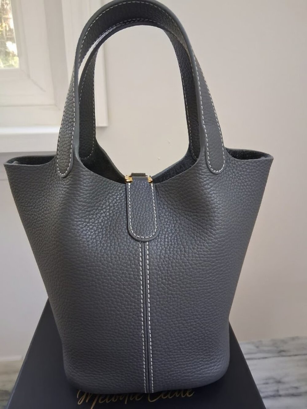 DUYP Melodie Cecile Josette Versatile Bucket Bag Grained Cowhide Elephant Gray